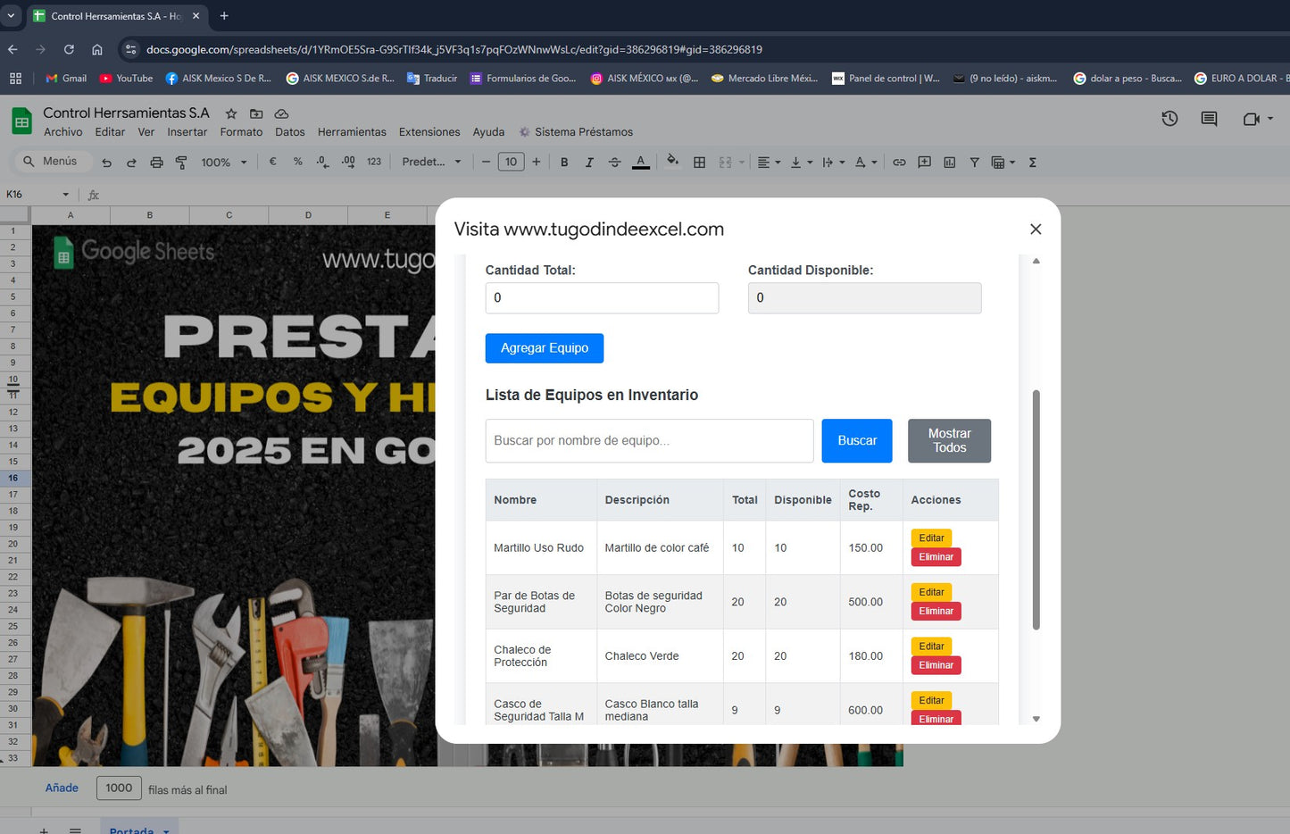 Préstamo de Equipo y Herramienta 2025 Pro en Google Sheets (Multiusuarios)