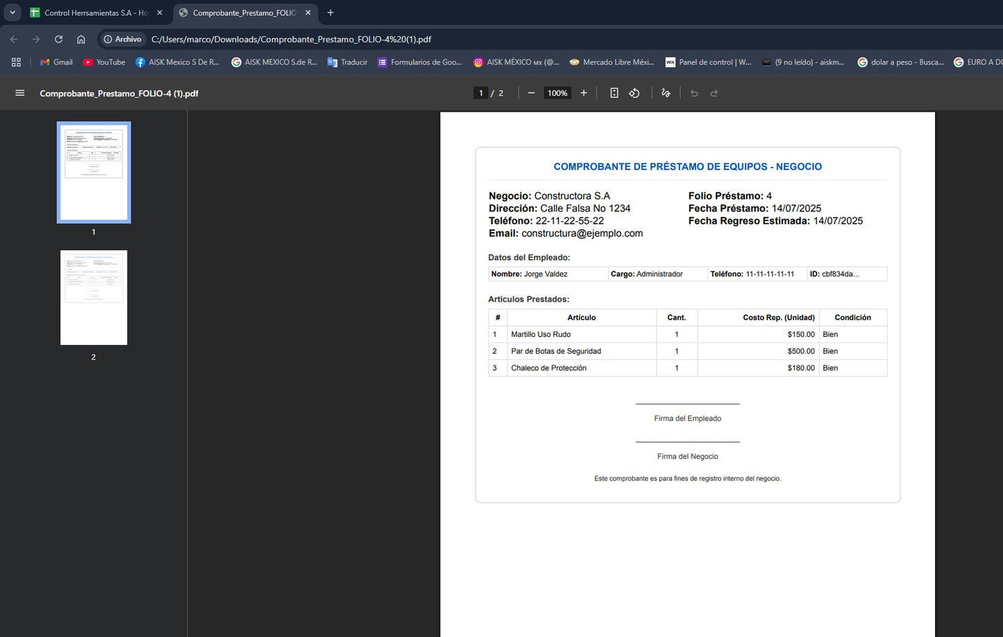 Préstamo de Equipo y Herramienta 2025 Pro en Google Sheets (Multiusuarios)