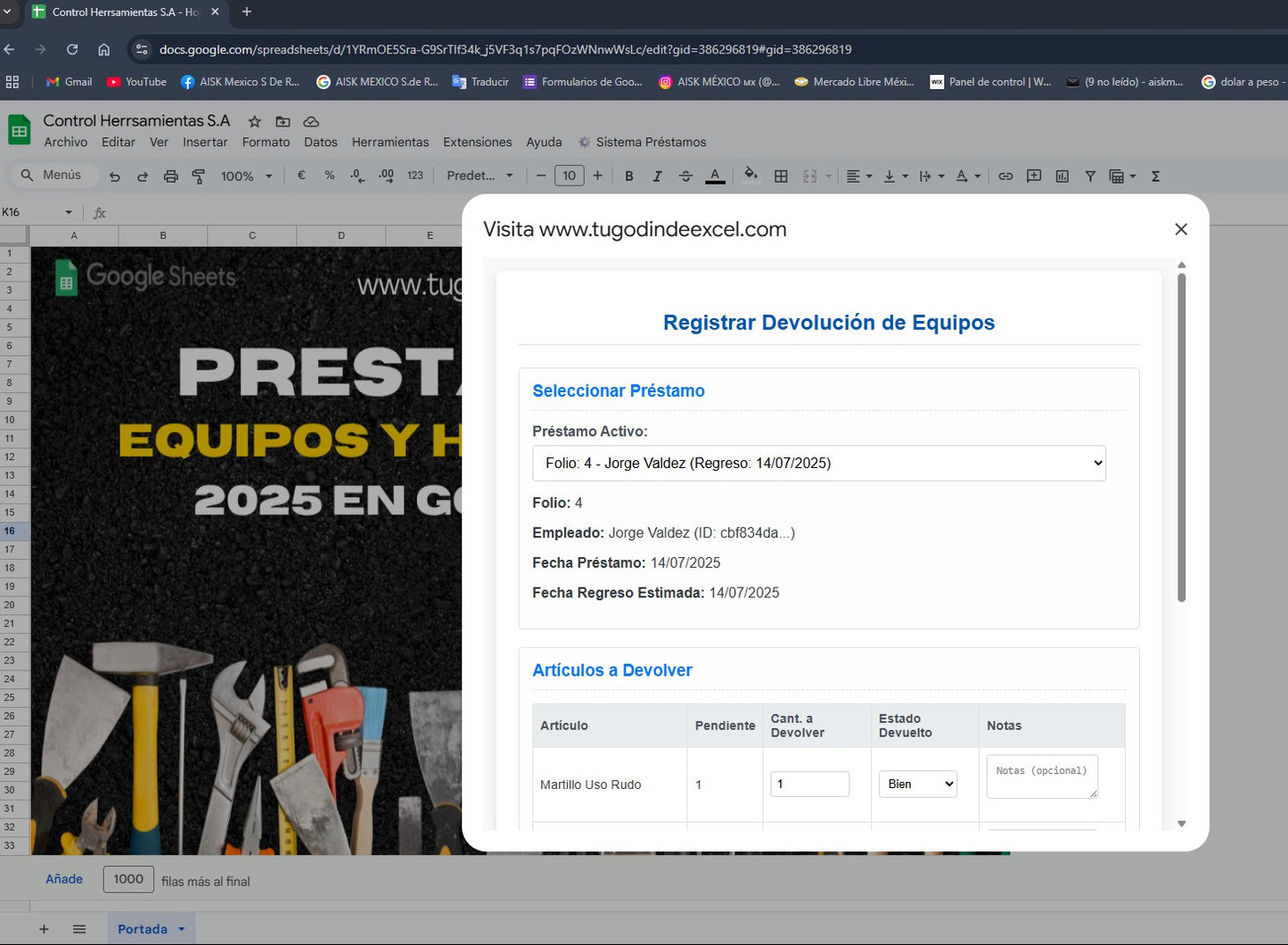 Préstamo de Equipo y Herramienta 2025 Pro en Google Sheets (Multiusuarios)