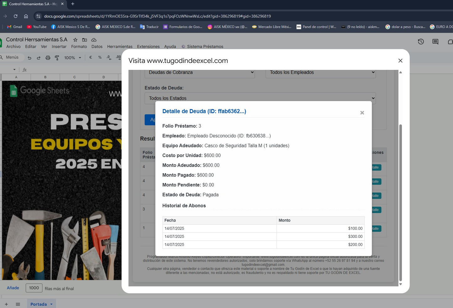 Préstamo de Equipo y Herramienta 2025 Pro en Google Sheets (Multiusuarios)