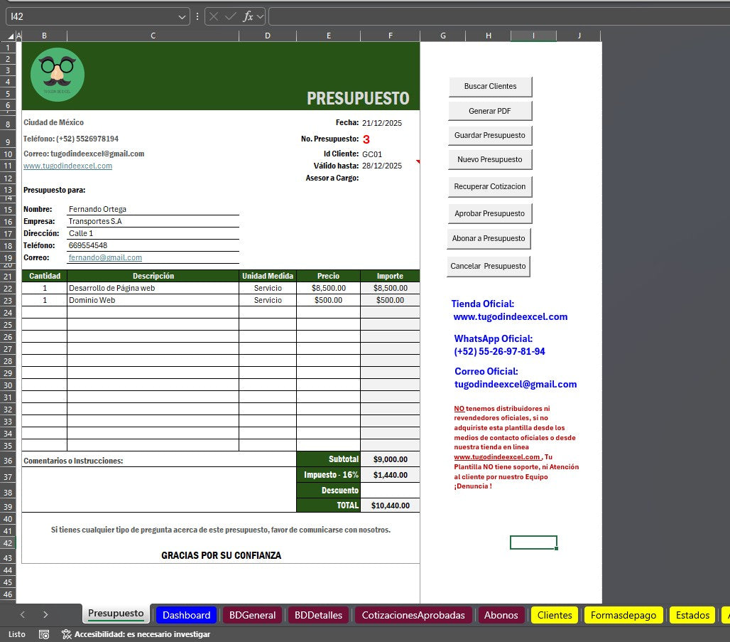 Sistema de Cotización 2026 Pro en Excel (Genera PDF,Guarda,Edita, Aprueba, Controla Estados y Abonos)