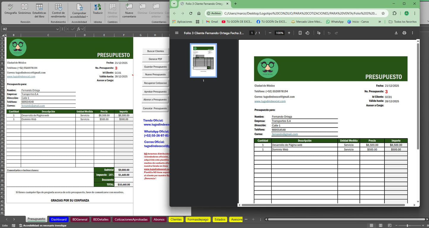 Sistema de Cotización 2026 Pro en Excel (Genera PDF,Guarda,Edita, Aprueba, Controla Estados y Abonos)