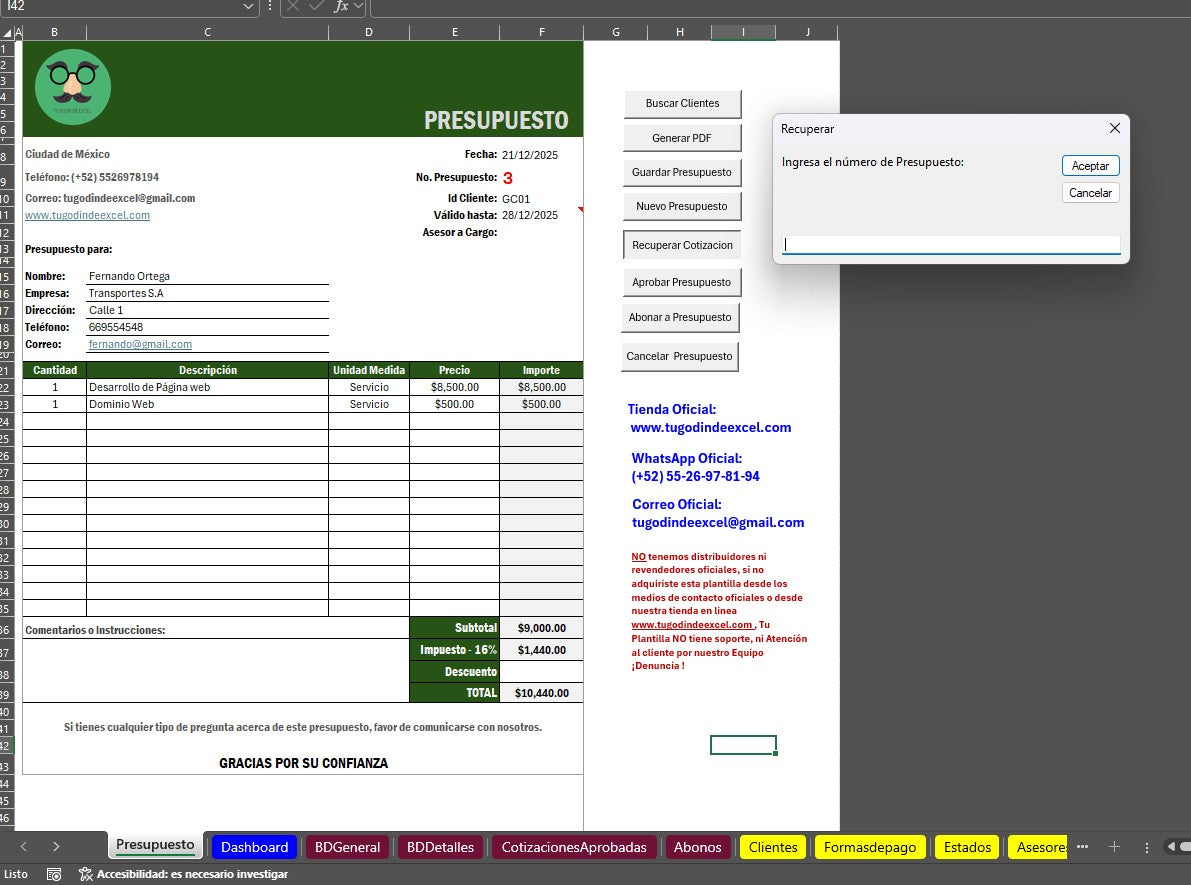 Sistema de Cotización 2026 Pro en Excel (Genera PDF,Guarda,Edita, Aprueba, Controla Estados y Abonos)