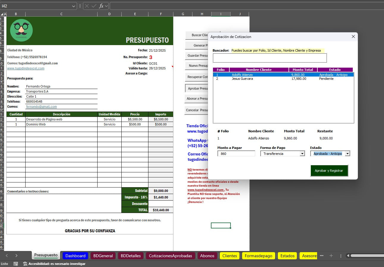 Sistema de Cotización 2026 Pro en Excel (Genera PDF,Guarda,Edita, Aprueba, Controla Estados y Abonos)