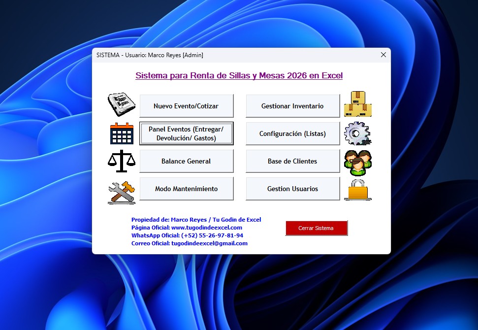 Sistema para Renta de Mesas y Sillas para Eventos 2026 en Excel