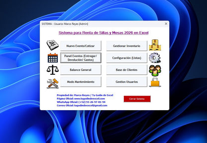 Sistema para Renta de Mesas y Sillas para Eventos 2026 en Excel