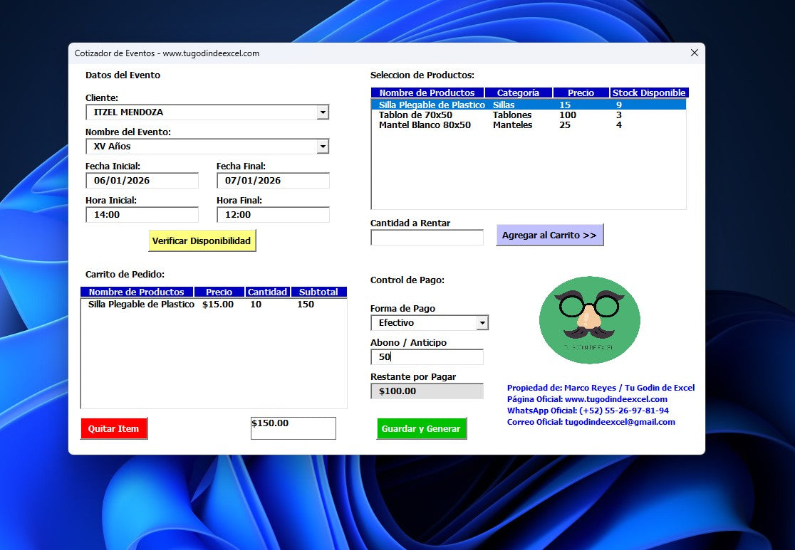 Sistema para Renta de Mesas y Sillas para Eventos 2026 en Excel