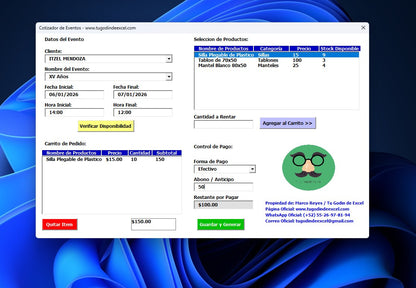 Sistema para Renta de Mesas y Sillas para Eventos 2026 en Excel