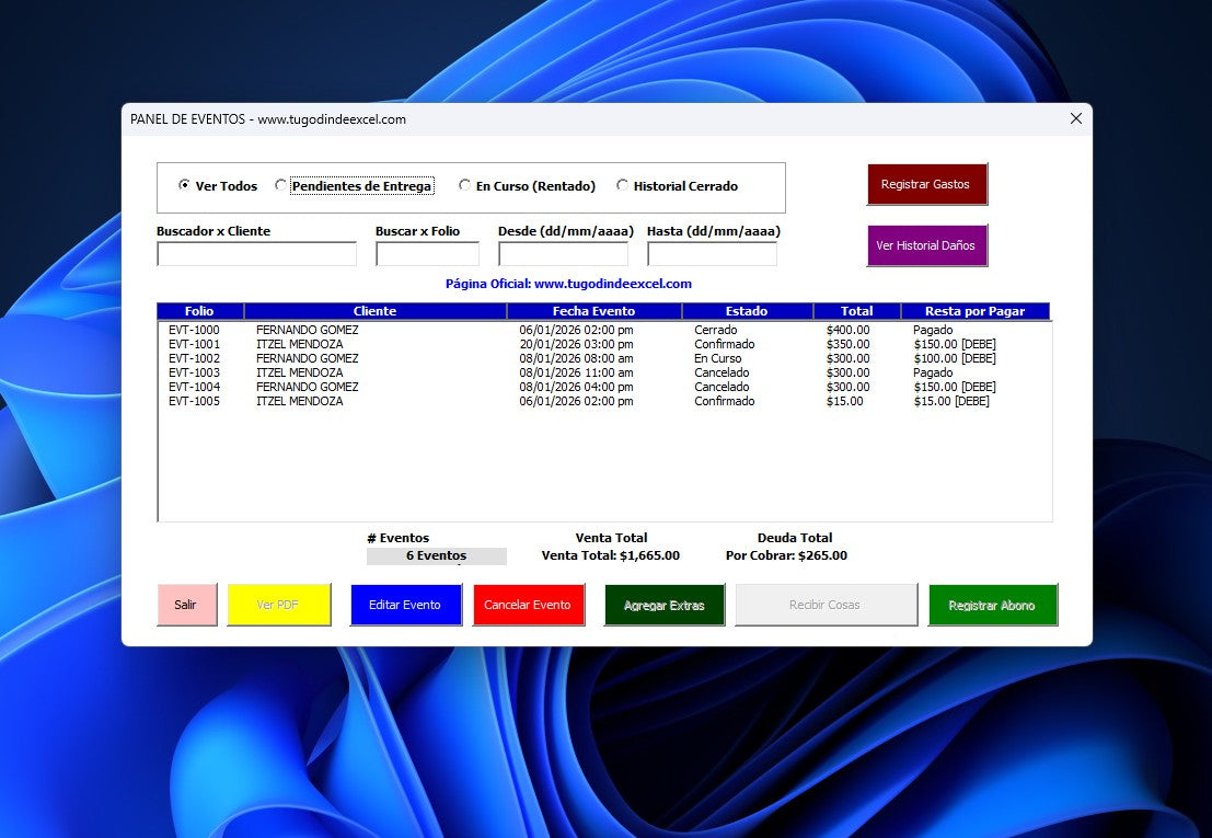 Sistema para Renta de Mesas y Sillas para Eventos 2026 en Excel
