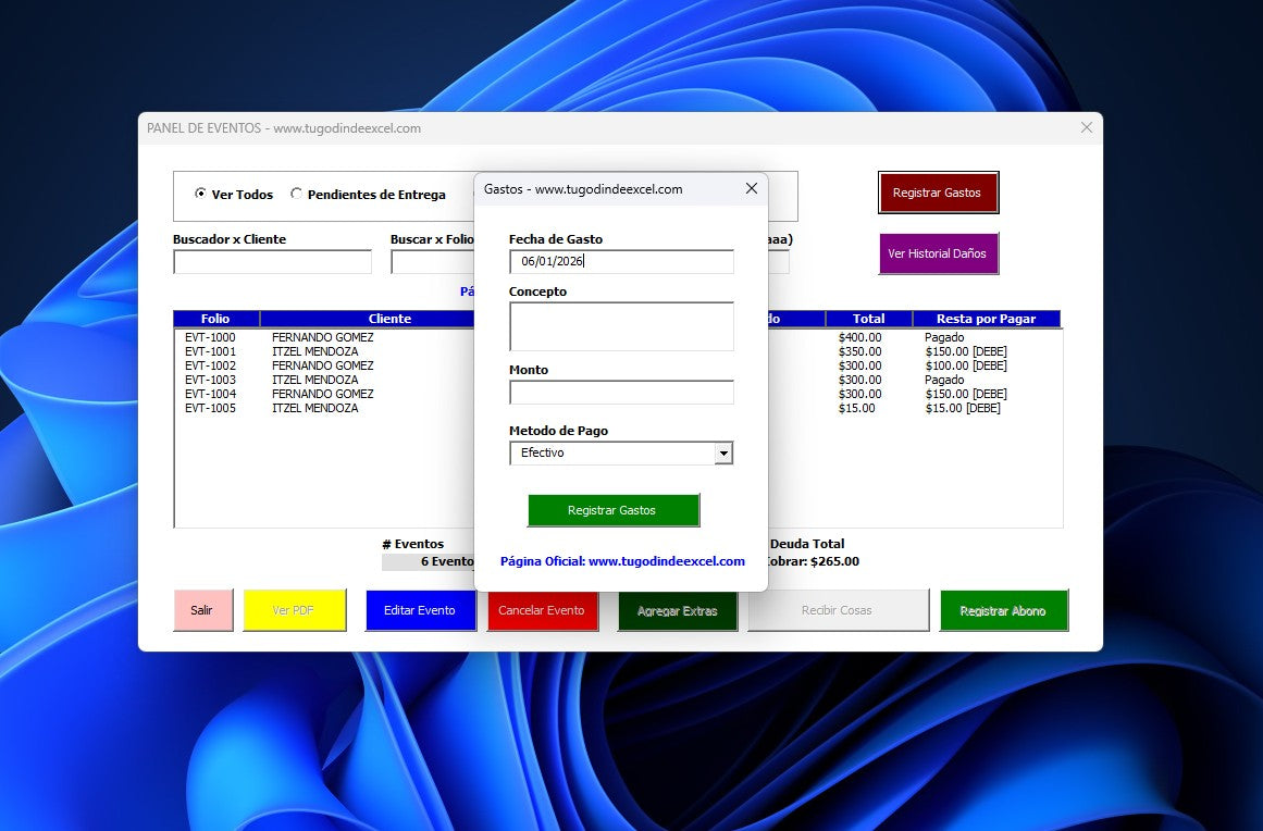 Sistema para Renta de Mesas y Sillas para Eventos 2026 en Excel