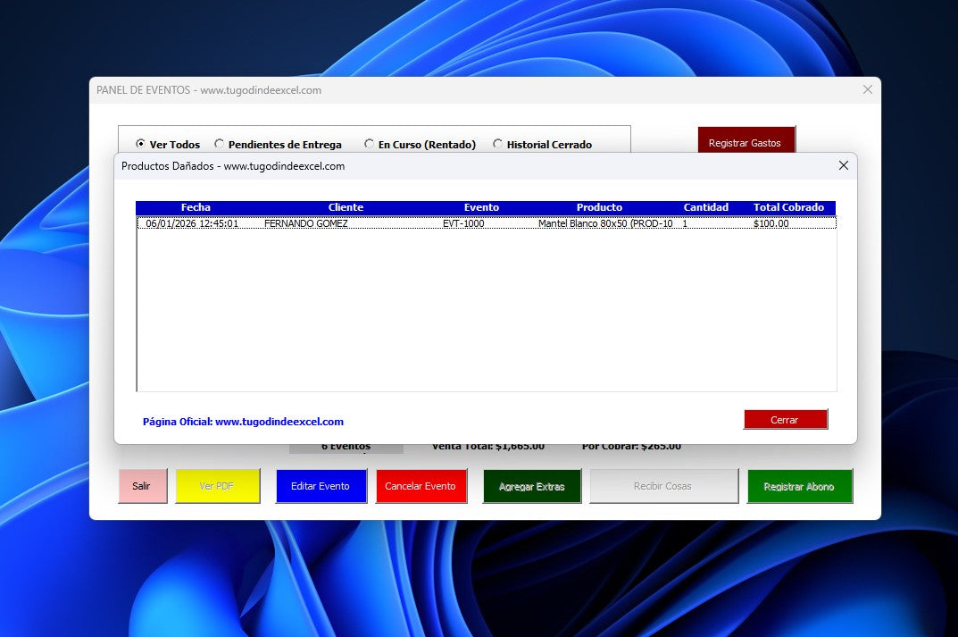 Sistema para Renta de Mesas y Sillas para Eventos 2026 en Excel