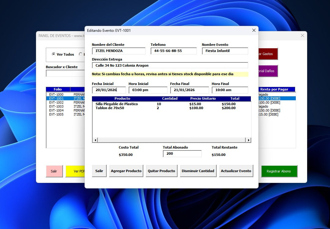 Sistema para Renta de Mesas y Sillas para Eventos 2026 en Excel