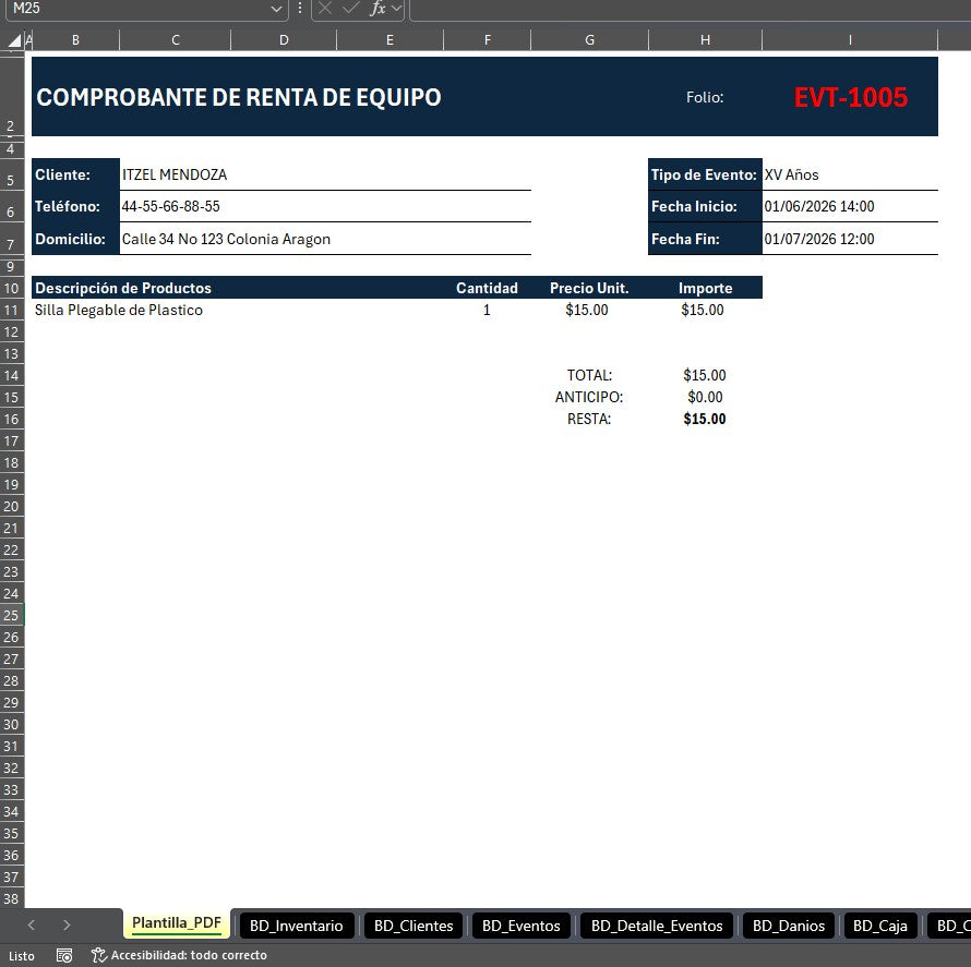 Sistema para Renta de Mesas y Sillas para Eventos 2026 en Excel