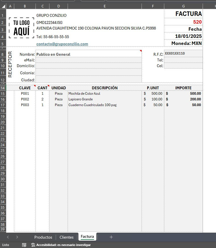 Formato de Factura Básica en Excel 2026