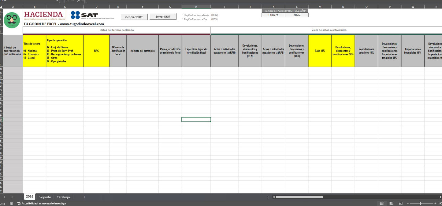 Plantilla Carga Batch (DIOT) 2026 en Excel