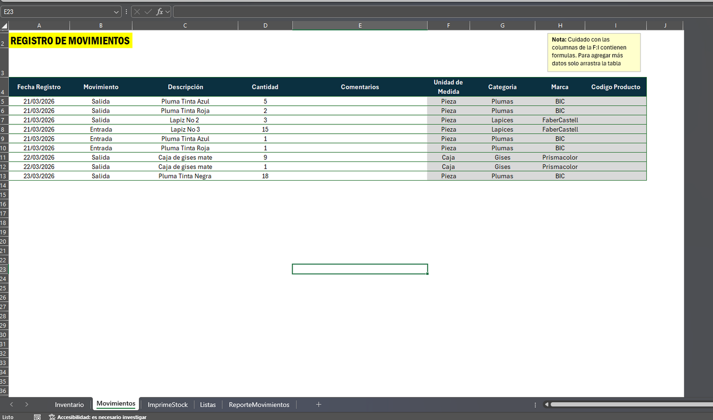 Formato de Inventario Basico para Control de Stock