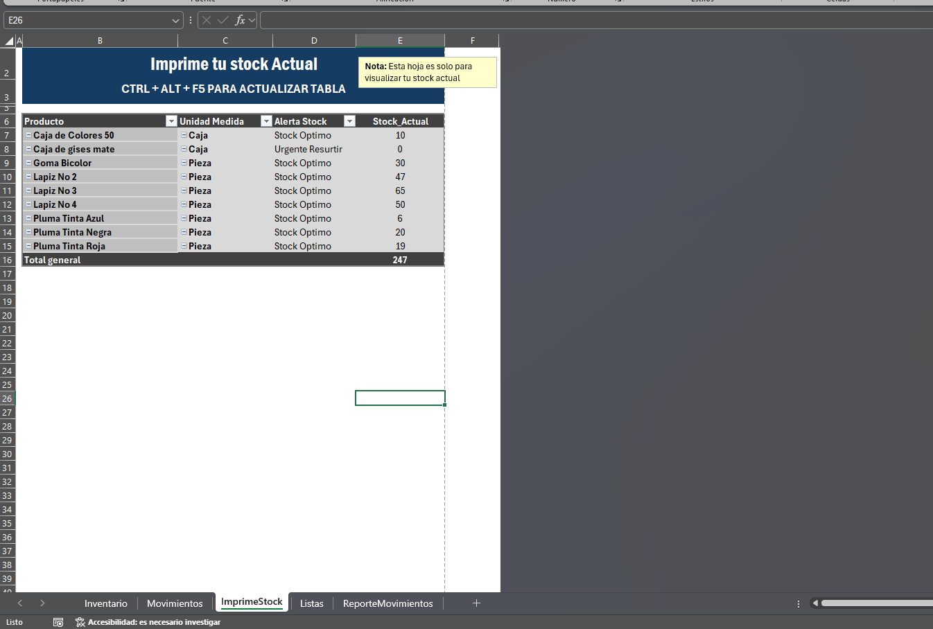 Formato de Inventario Basico para Control de Stock