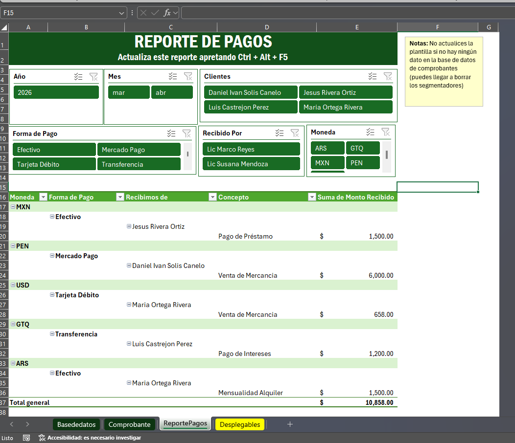 Formato para Control y Generador de Recibos de Pago ¡Multidivisas!