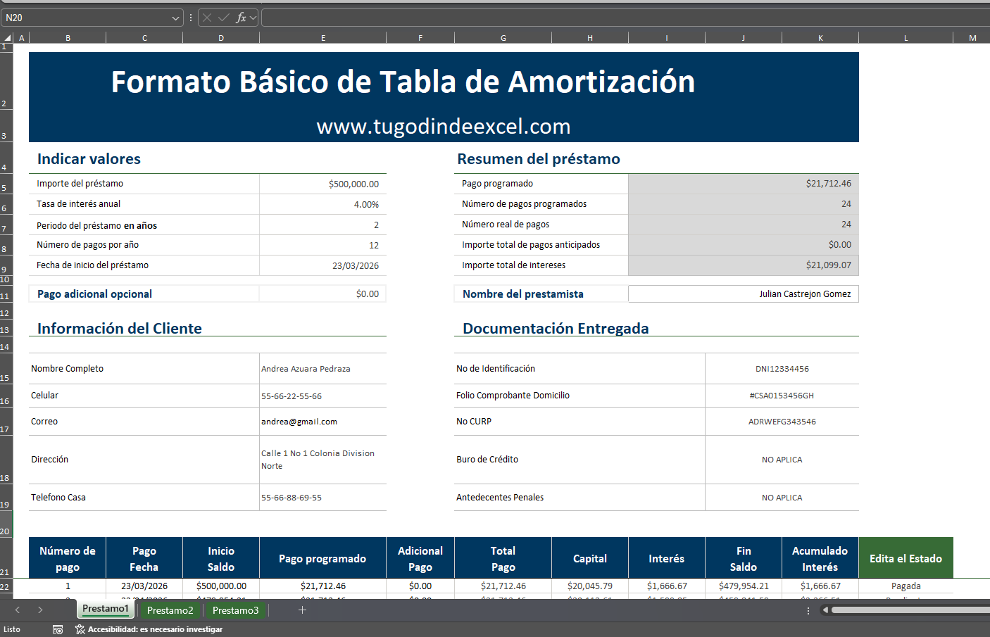 Formato Básico para Tabla de Amortización