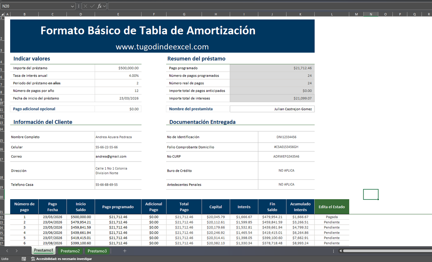 Formato Básico para Tabla de Amortización