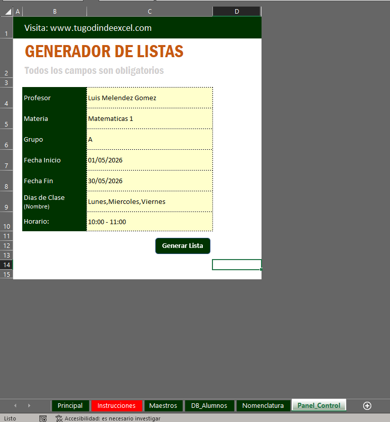 Generador de Listas de Asistencias para Escuela en Excel 2026 Windows/MAC