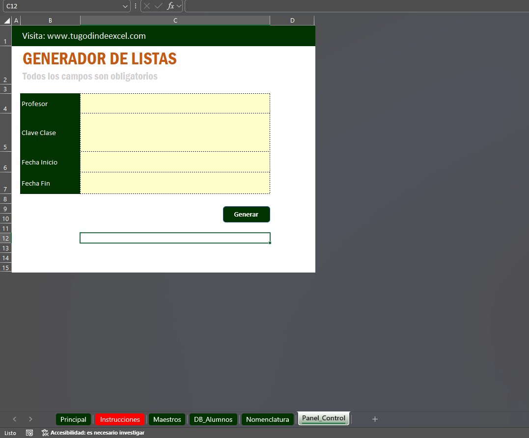Generador de Listas de Asistencias para Clases Privadas en Excel 2026 Windows/MAC