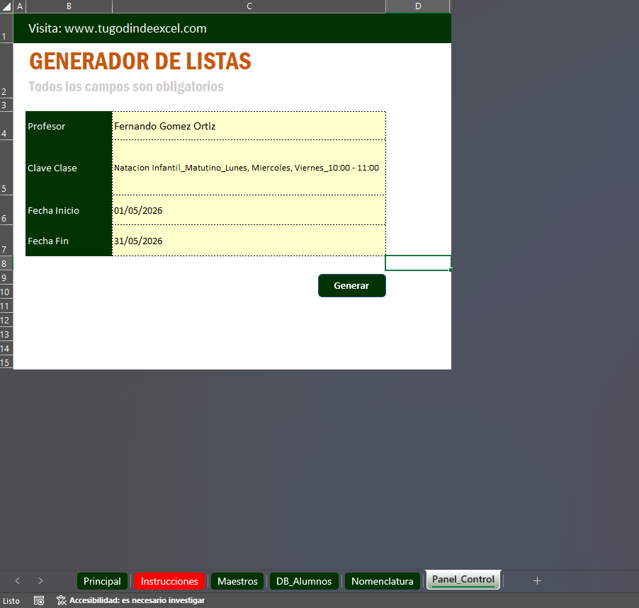 Generador de Listas de Asistencias para Clases Privadas en Excel 2026 Windows/MAC