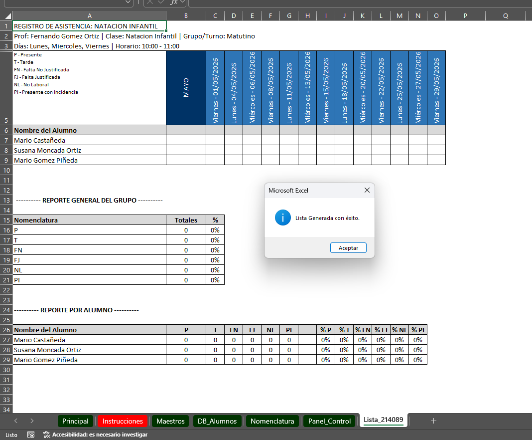 Generador de Listas de Asistencias para Clases Privadas en Excel 2026 Windows/MAC