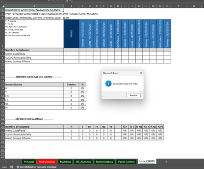 Generador de Listas de Asistencias para Clases Privadas en Excel 2026 Windows/MAC
