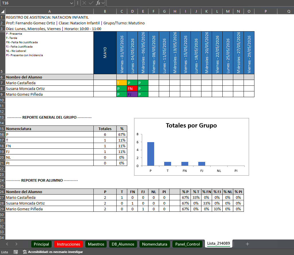 Generador de Listas de Asistencias para Clases Privadas en Excel 2026 Windows/MAC