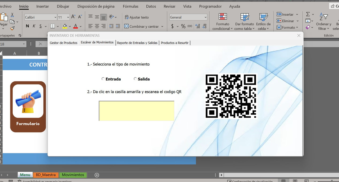 Sistema de Inventario con Generador de QR en Excel 2026 (Entradas y Salidas automáticas)