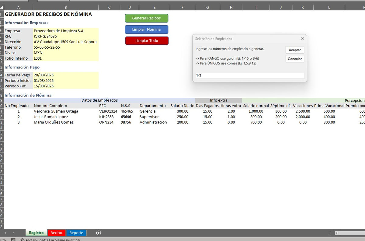 Generador de Multiples Recibos de Nómina en Excel (Windows/MAC)
