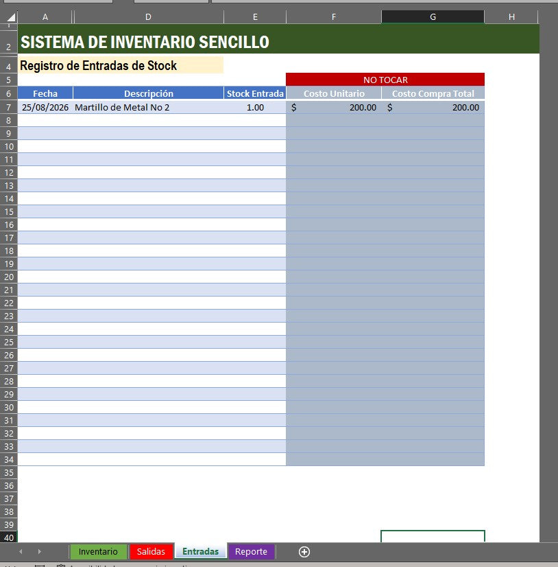 Formato Básico de Control de Inventario en Excel (Stock, Precio de Venta y Compra)