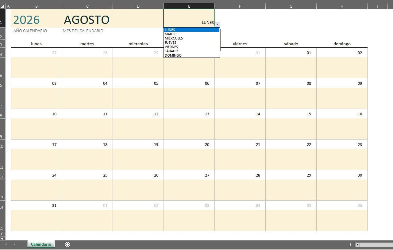 Formato Básico de Calendario en Excel (con espacio para notas)