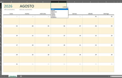 Formato Básico de Calendario en Excel (con espacio para notas)