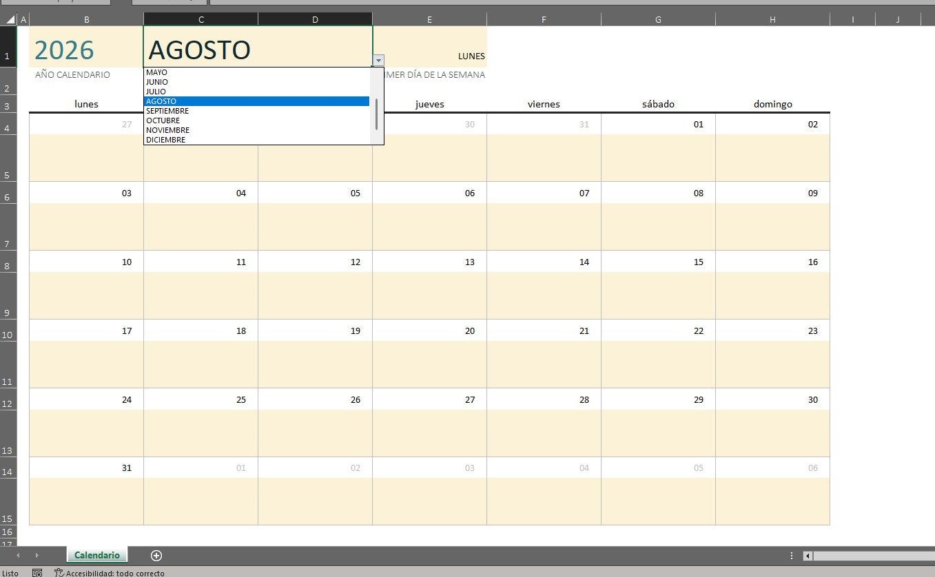 Formato Básico de Calendario en Excel (con espacio para notas)