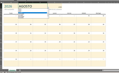 Formato Básico de Calendario en Excel (con espacio para notas)