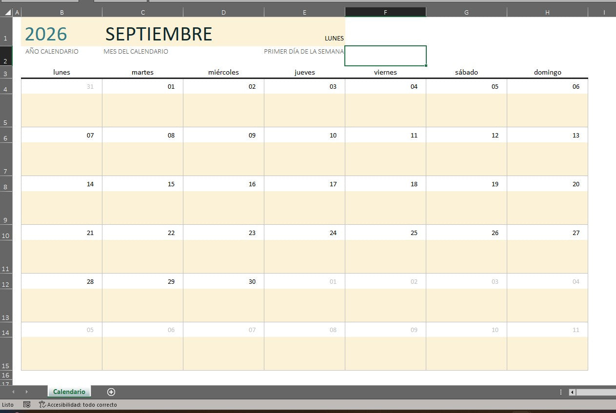 Formato Básico de Calendario en Excel (con espacio para notas)