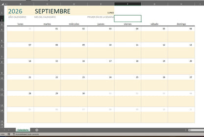 Formato Básico de Calendario en Excel (con espacio para notas)