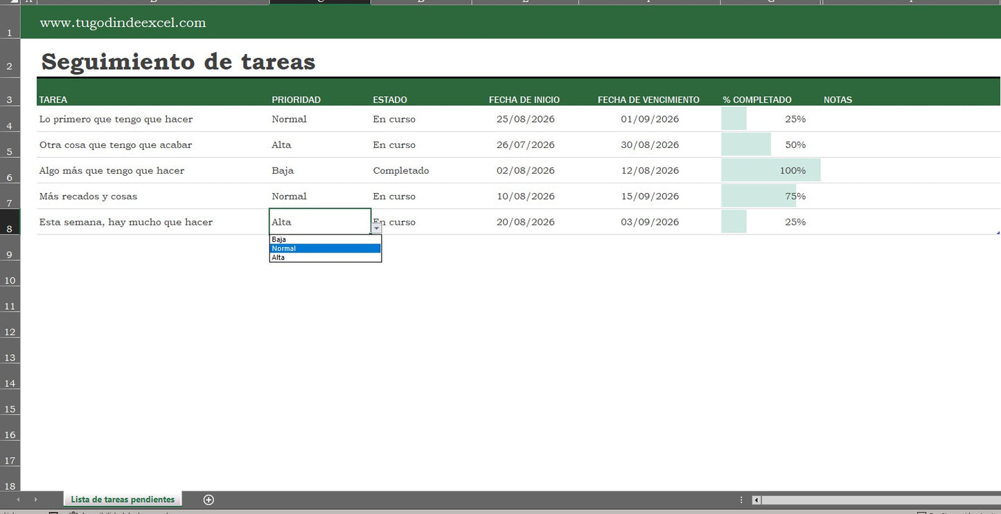 Formato Básico para Seguimiento de Tareas en Excel