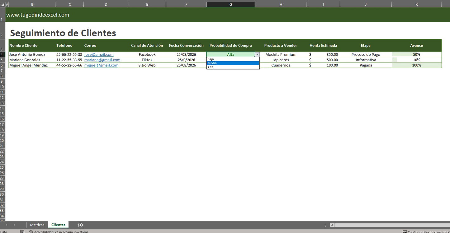 Formato Básico para Seguimiento de Clientes en Excel