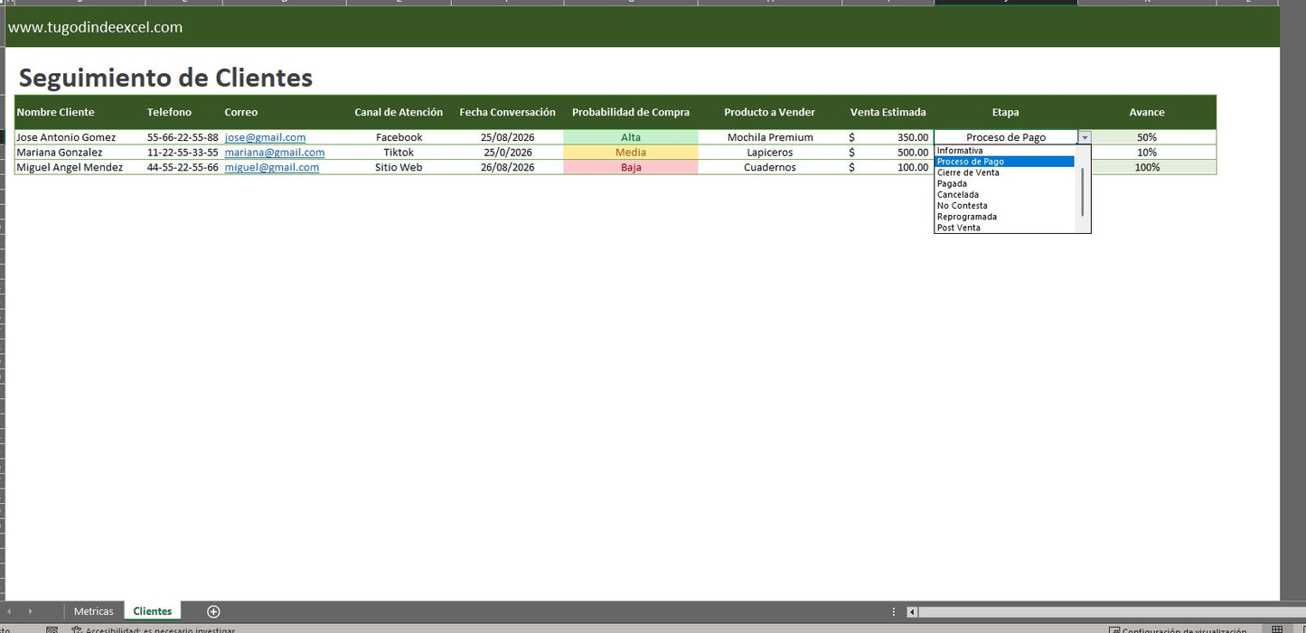 Formato Básico para Seguimiento de Clientes en Excel