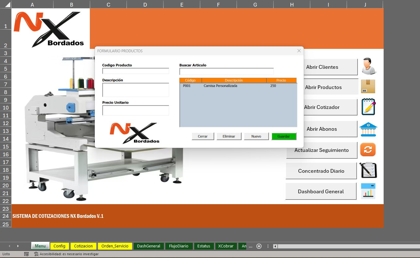 Sistema de Cotización para Empresa de Bordados en Excel