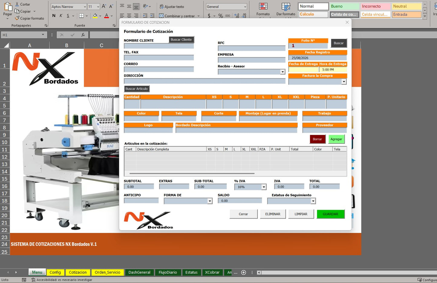 Sistema de Cotización para Empresa de Bordados en Excel