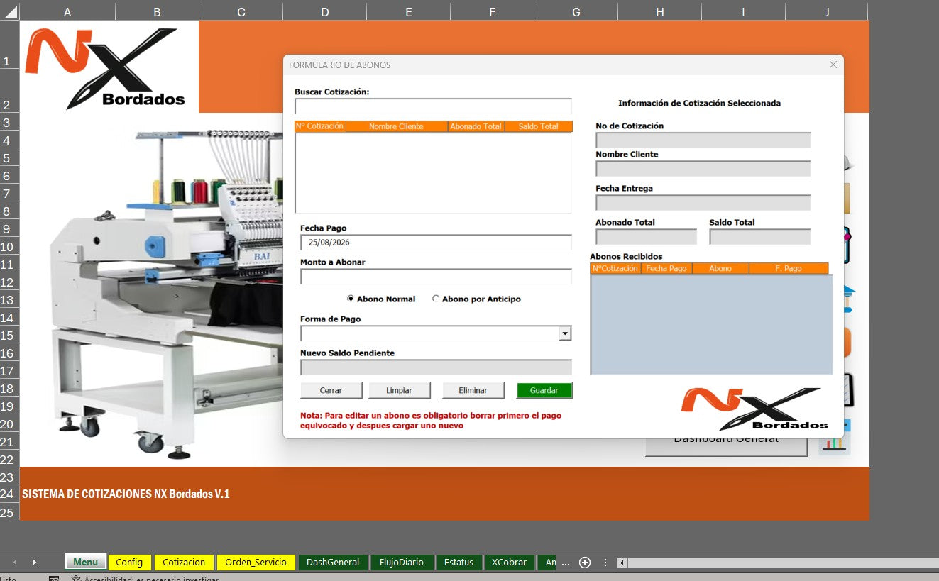 Sistema de Cotización para Empresa de Bordados en Excel