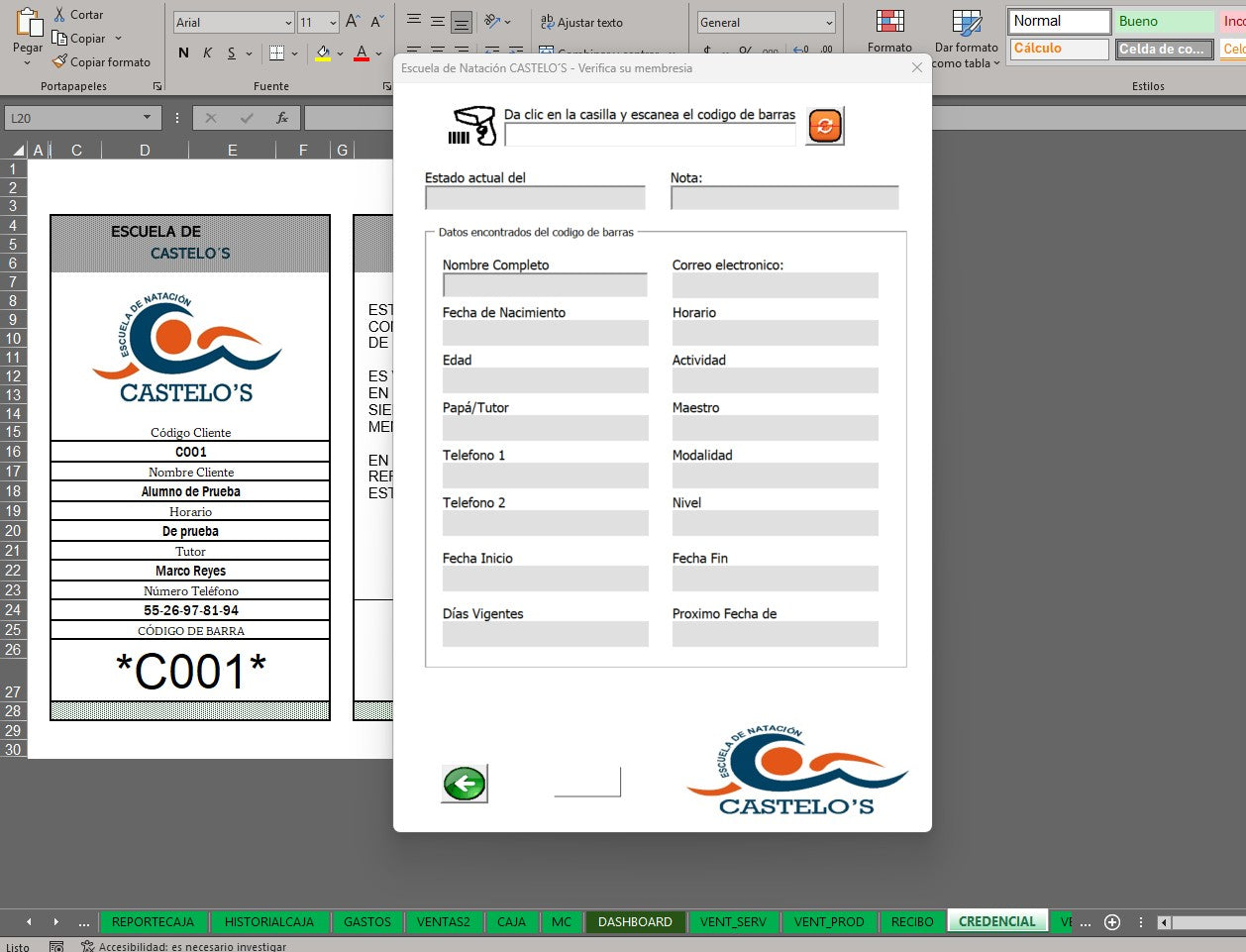 Sistema para Control de Escuela de Natación en Excel