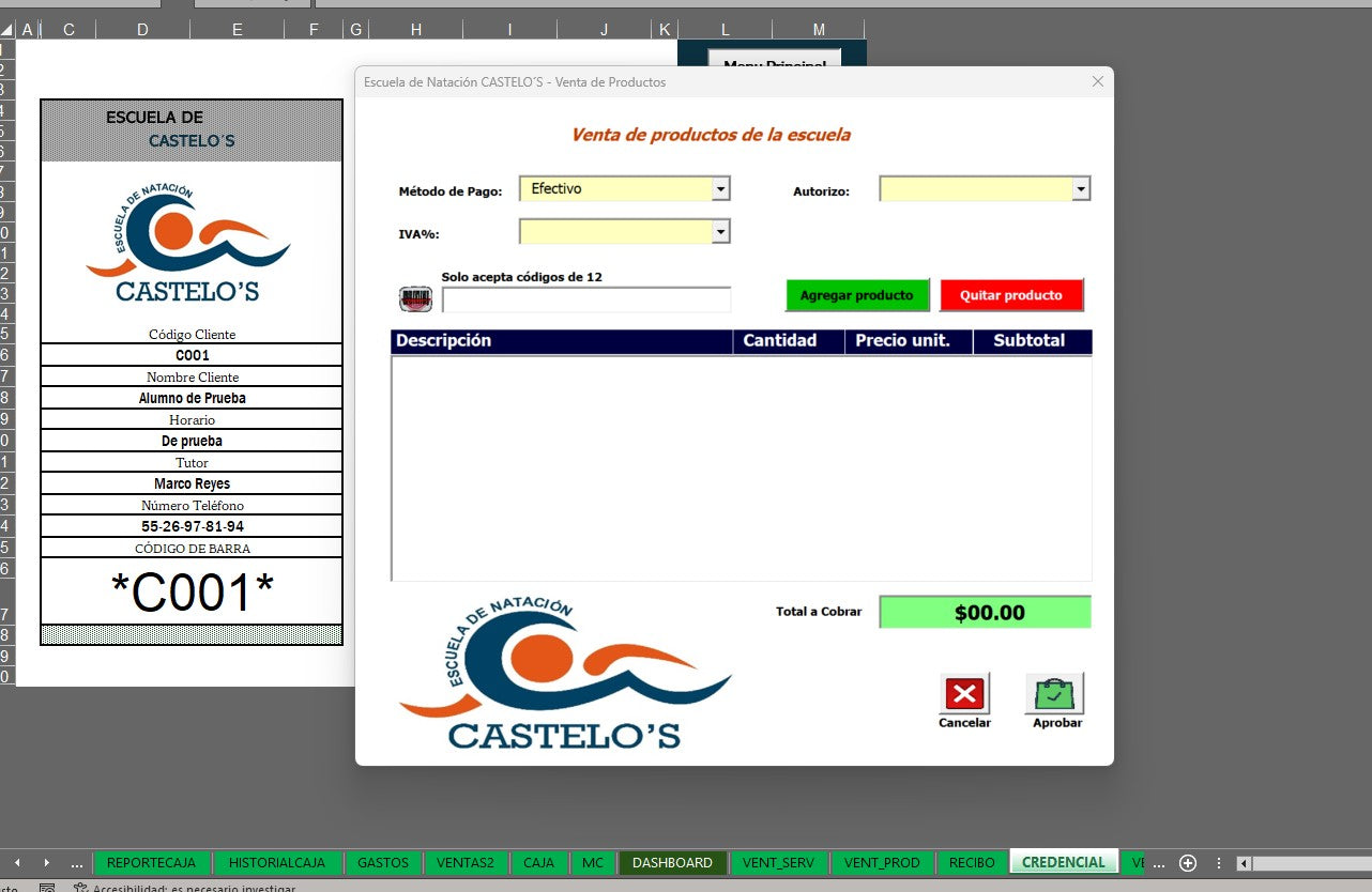 Sistema para Control de Escuela de Natación en Excel
