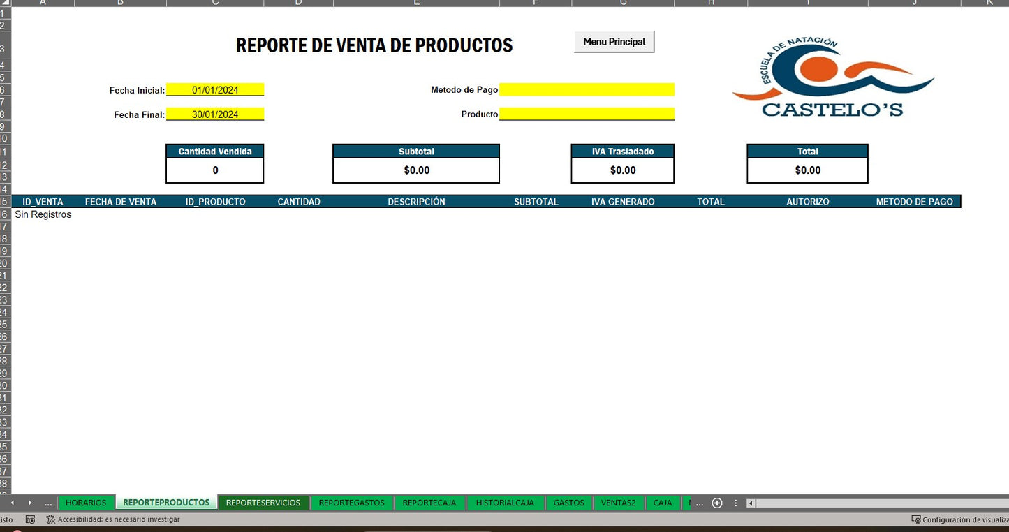 Sistema para Control de Escuela de Natación en Excel