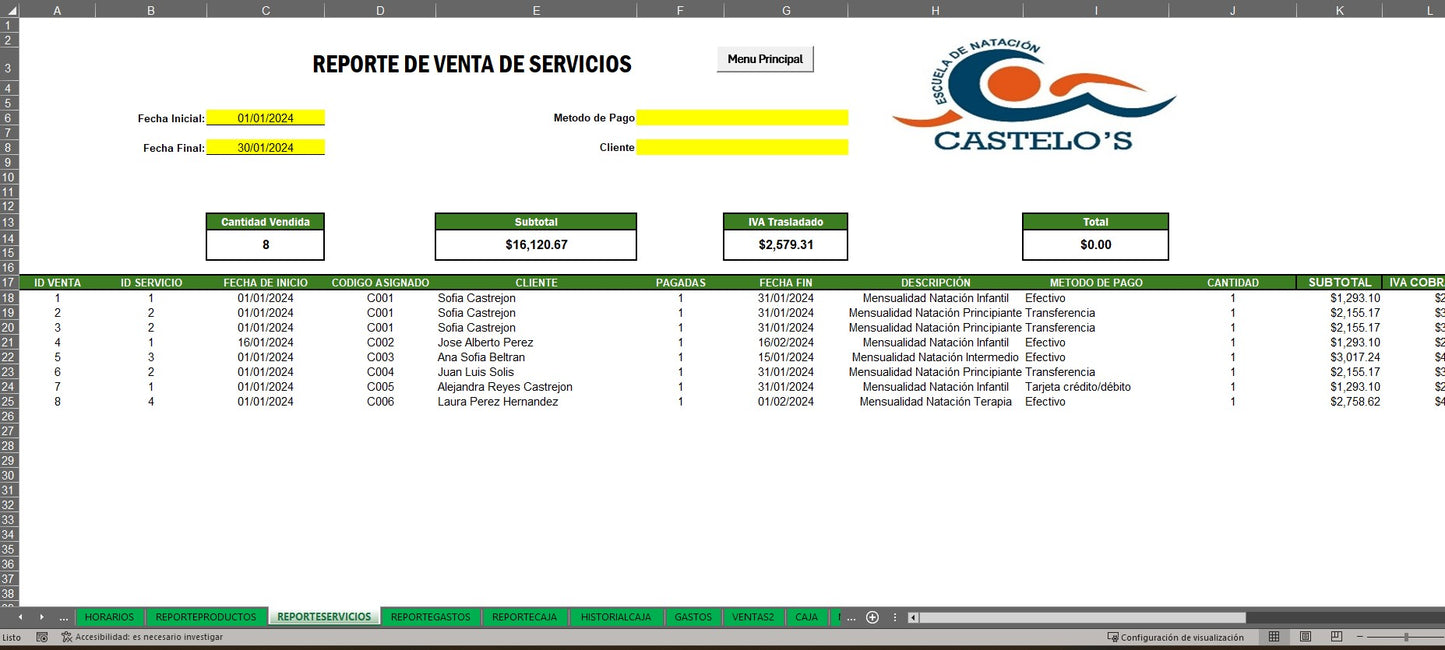 Sistema para Control de Escuela de Natación en Excel
