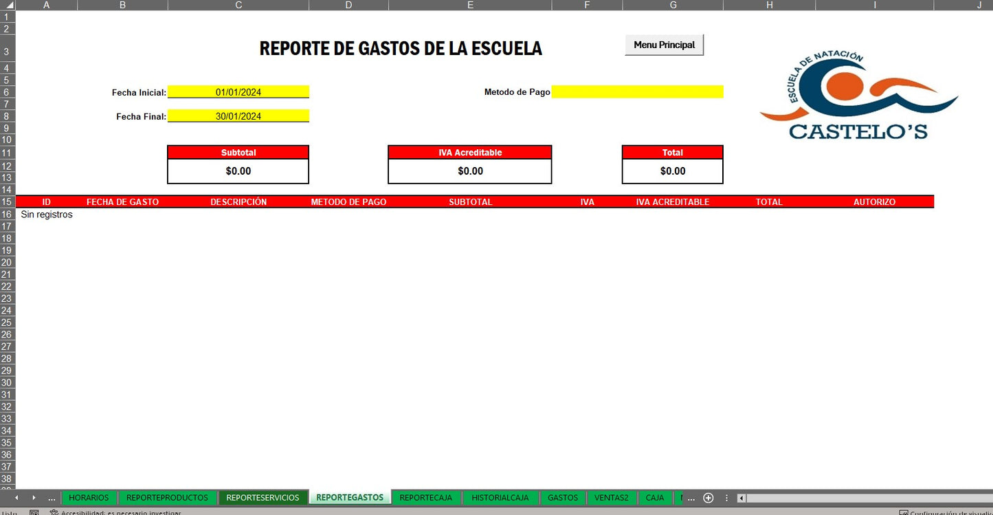 Sistema para Control de Escuela de Natación en Excel